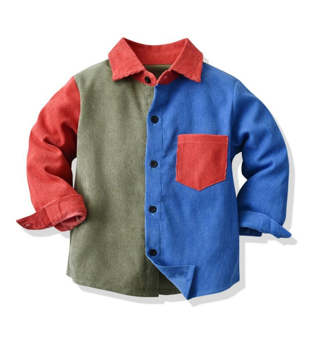 Blue Corduroy Colorblock Button Down